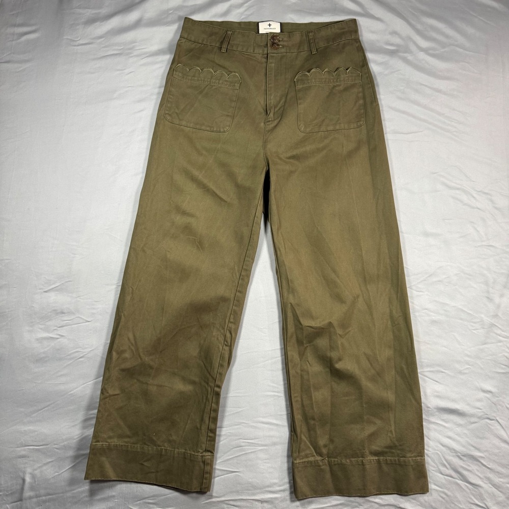 Tuckernuck Chino Wide Leg Davis Pants Scalloped Pocket Sz 6 Olive Green Boho